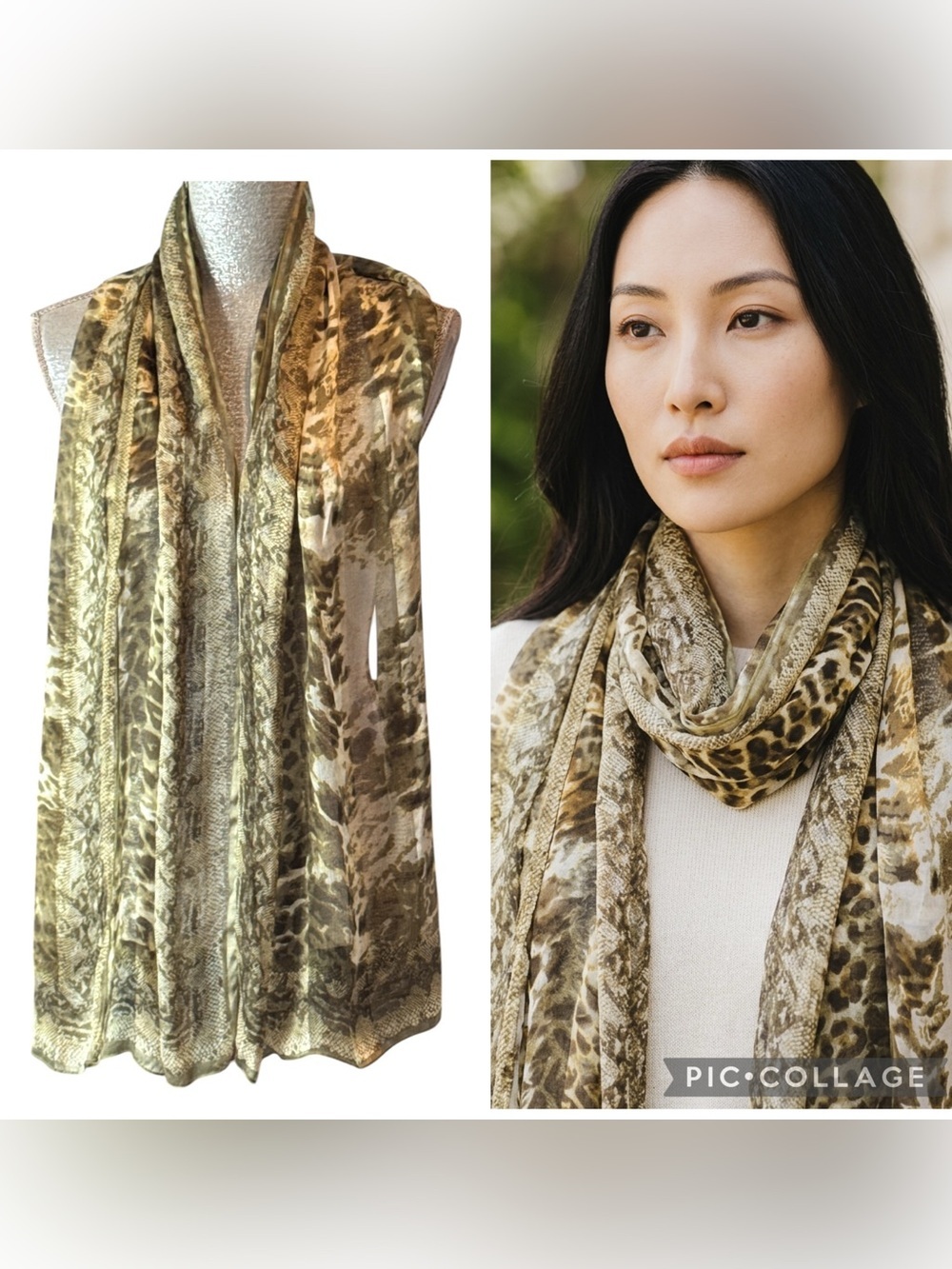 NWT Christian Fischbacher Silk Animal Print Oblong Scarf Wrap Olive Cream OS